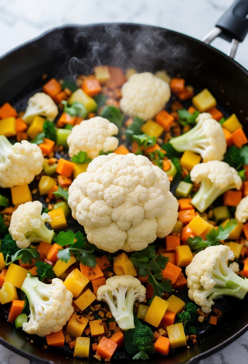 A colorful assortment of fresh cauliflower, diced vegetables, and aromatic spices sizzling in a hot skillet, emitting mouthwatering aromas