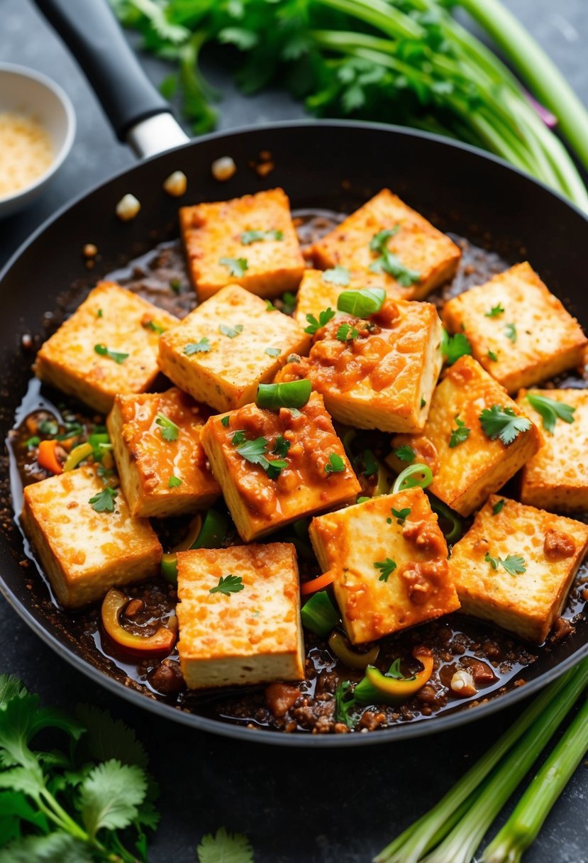 A sizzling pan of crispy tofu coated in chili crisp sauce, surrounded by fresh vegetables and herbs