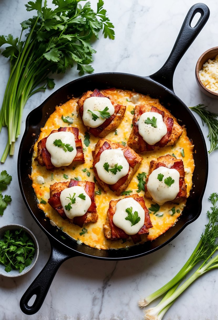 A sizzling skillet of cheesy bacon ranch chicken surrounded by fresh vegetables and herbs