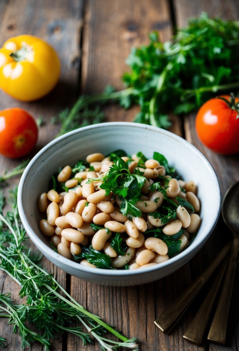 A rustic wooden table with a white ceramic bowl filled with Mediterranean white beans and greens, surrounded by fresh ingredients like tomatoes and herbs