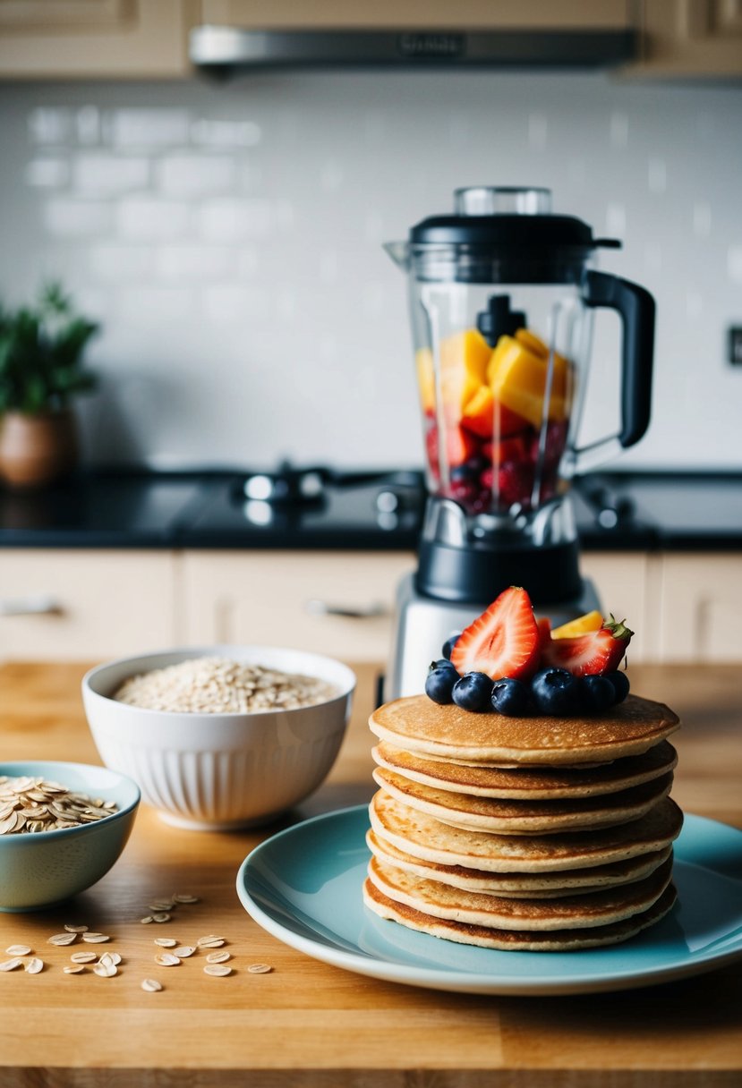 A kitchen counter with a bowl of oats, a blender, and a stack of healthy oat pancakes with fresh fruit toppings