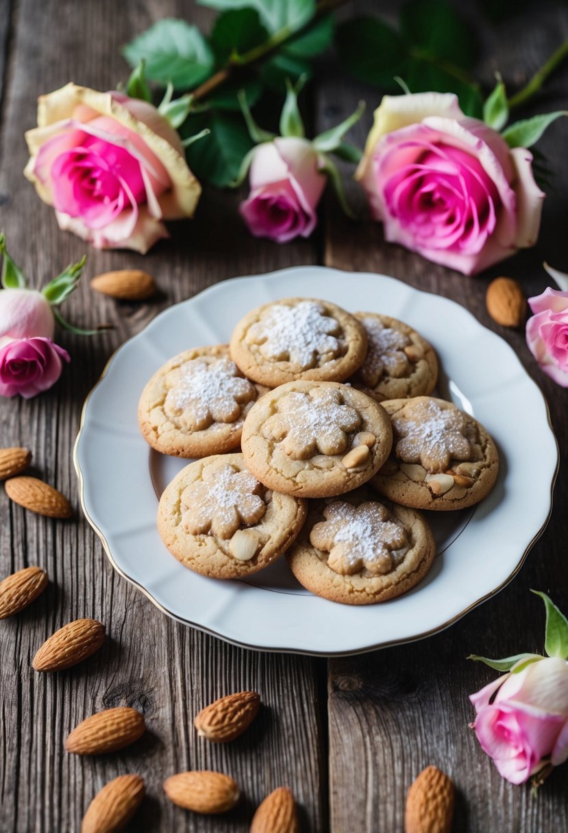 A plate of rose almond cookies surrounded by fresh roses and almonds on a rustic wooden table