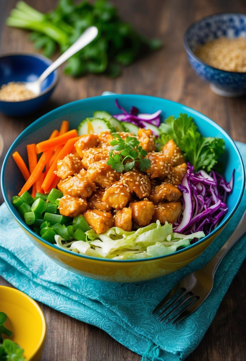 A colorful bowl filled with sesame chicken, crunchy cabbage, and fresh vegetables, creating a vibrant and appetizing salad