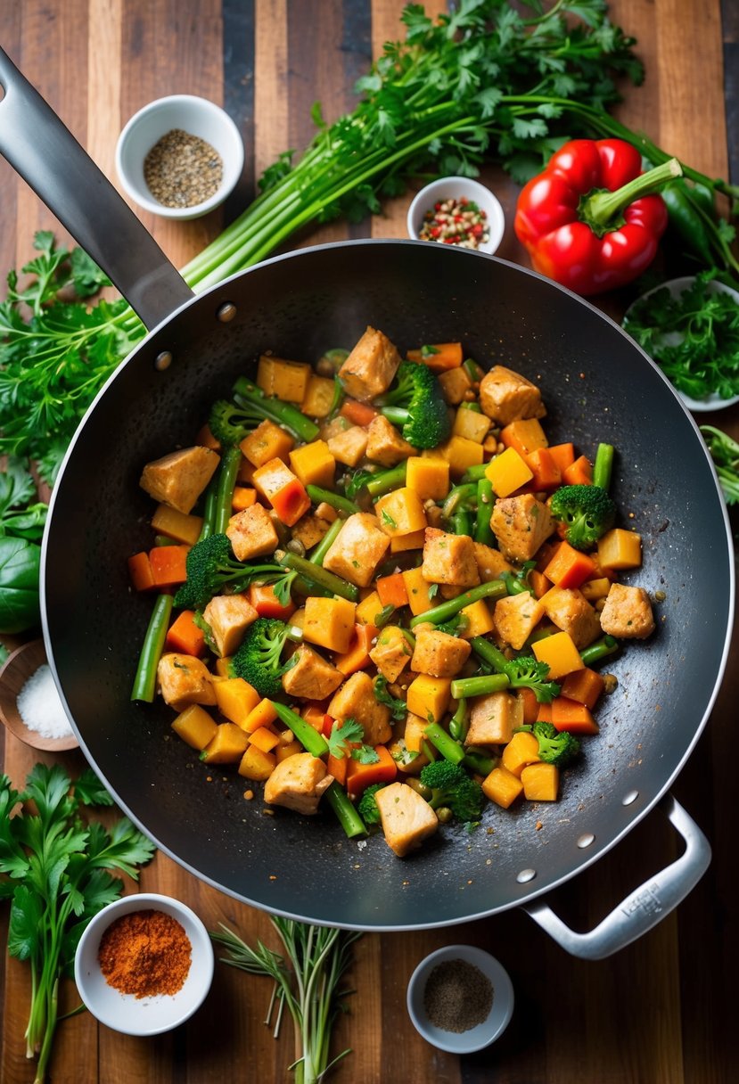 A sizzling wok filled with colorful vegetables and chunks of tender chicken, surrounded by a variety of fresh herbs and spices