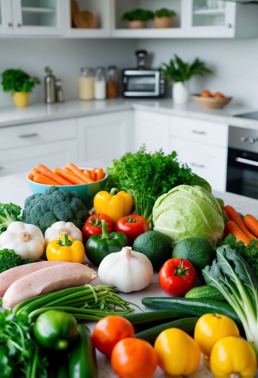 A colorful array of fresh vegetables and lean protein ingredients arranged on a clean, modern kitchen counter