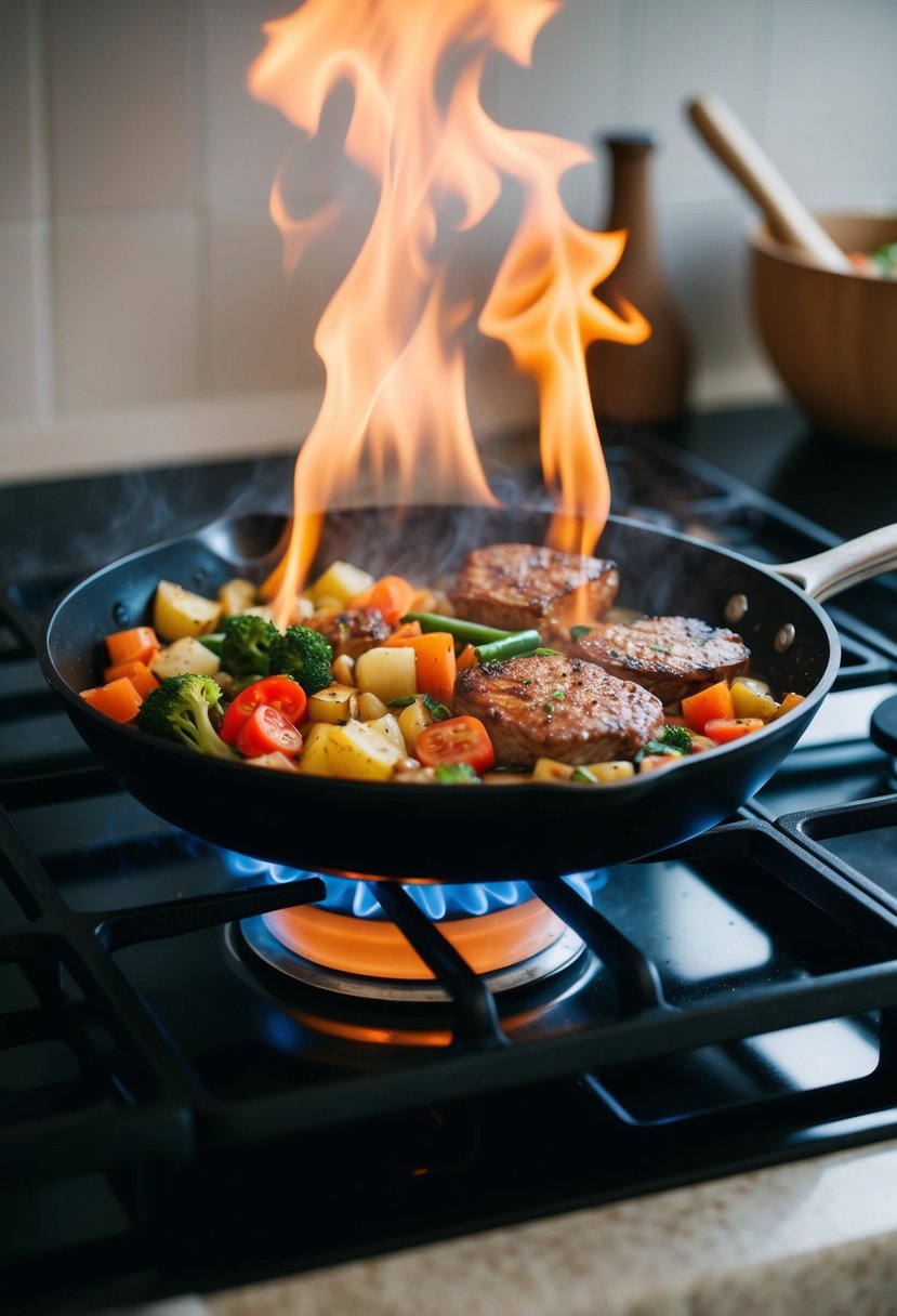 A sizzling skillet with assorted vegetables and meat cooking over a high flame on a stovetop