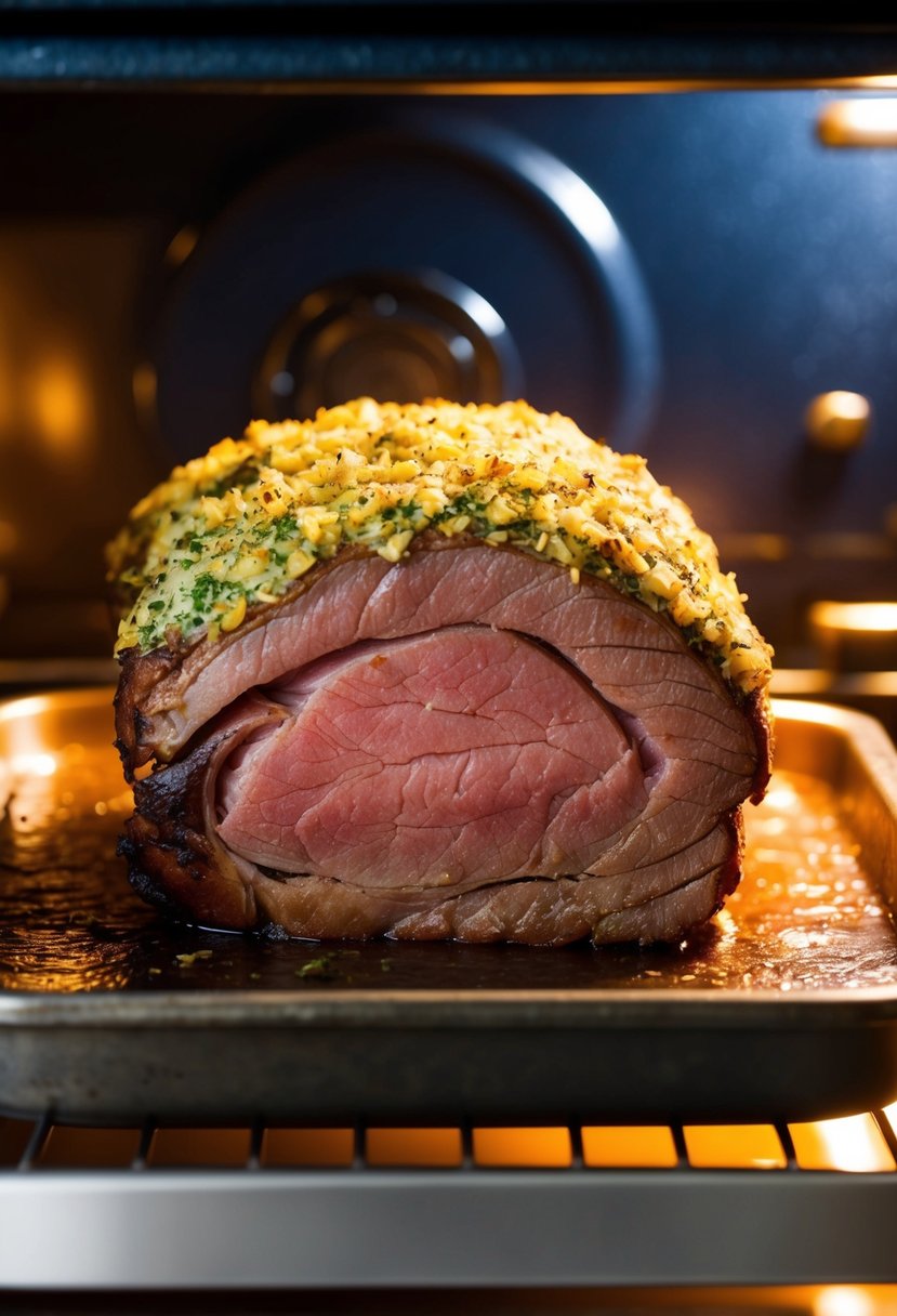 A juicy roast beef covered in a savory garlic herb crust, sizzling in a hot oven