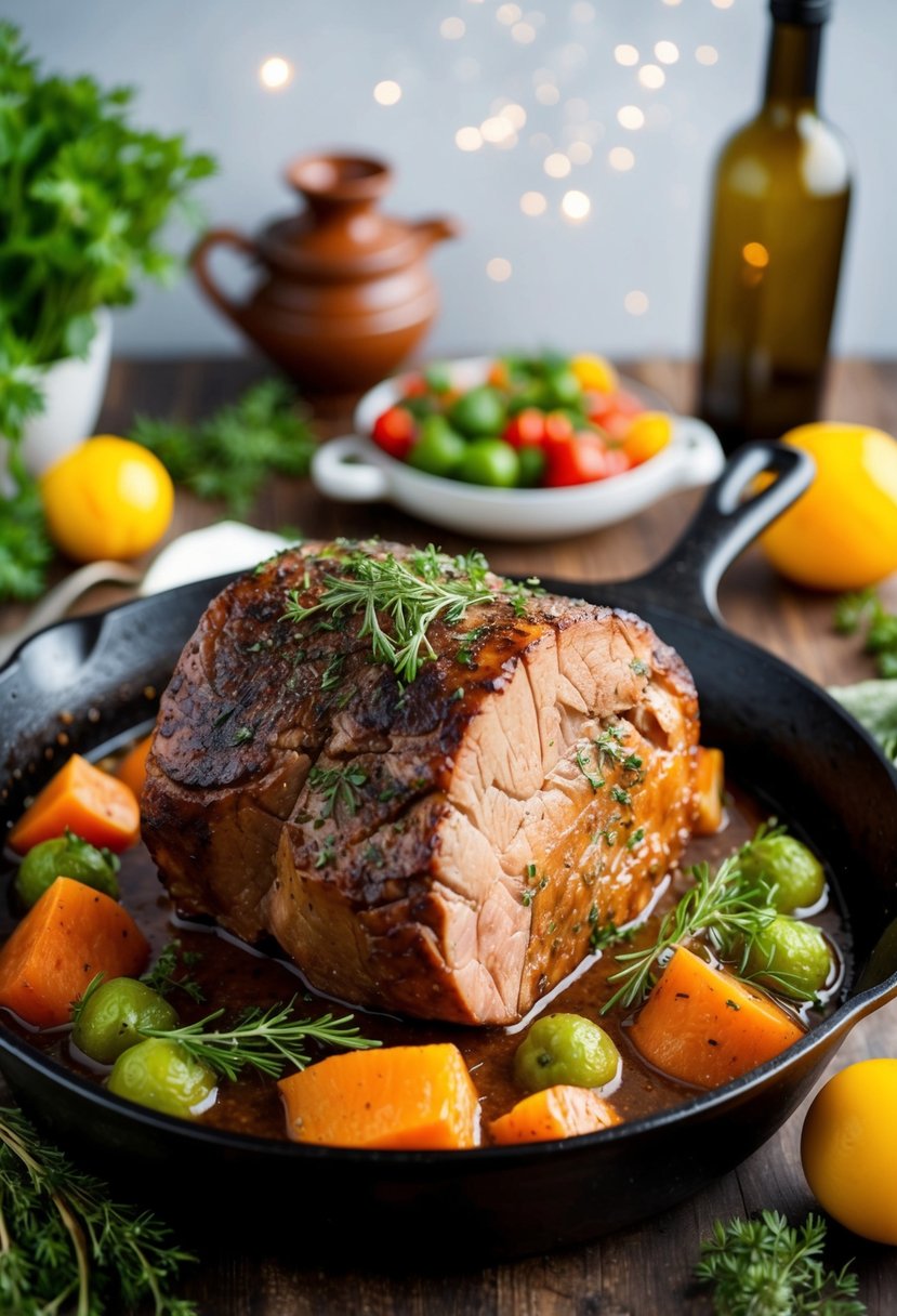 A succulent pot roast sizzling in a cast iron skillet, surrounded by colorful vegetables and aromatic herbs