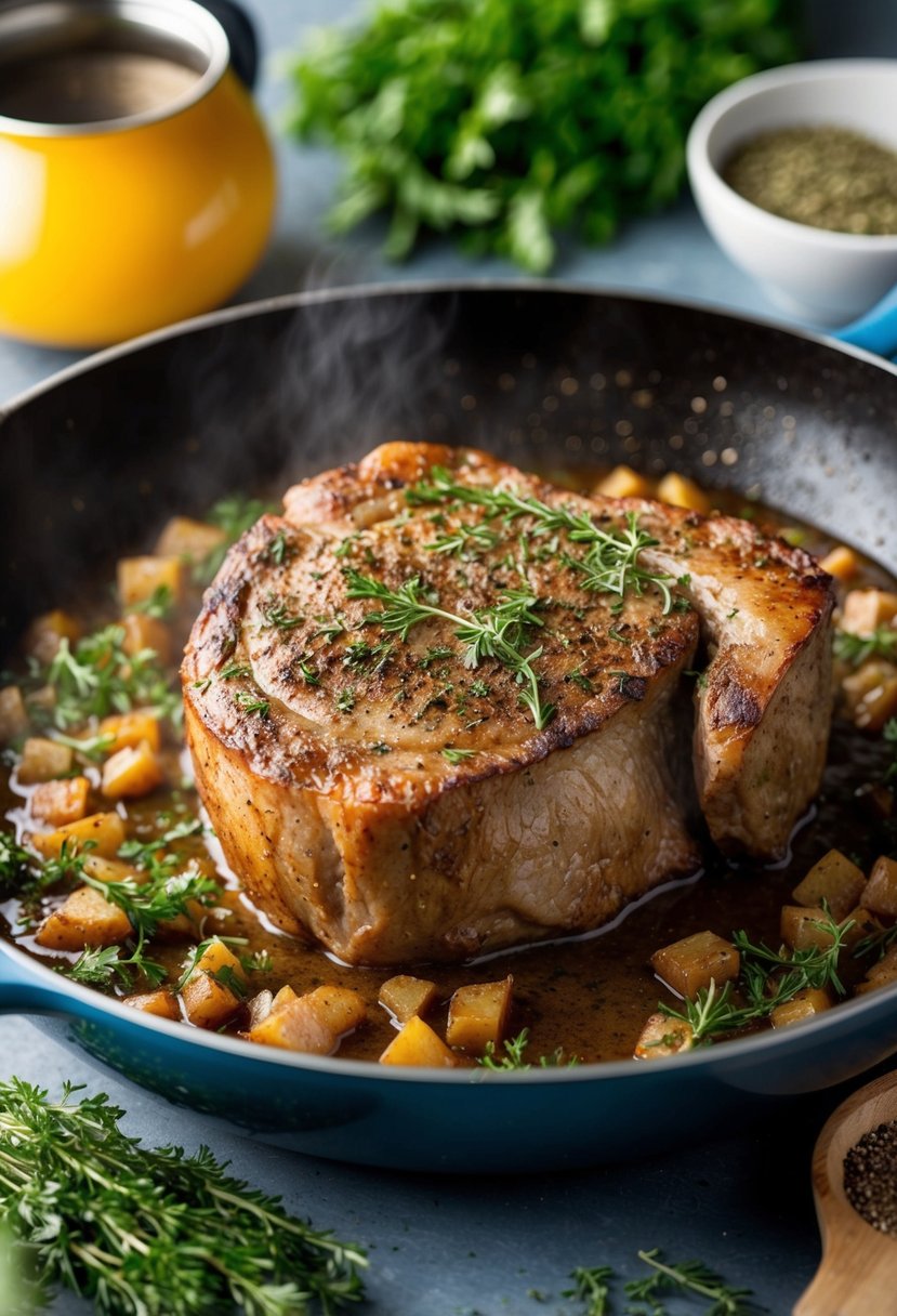 A chuck roast sizzling in a hot skillet, surrounded by fresh herbs and spices