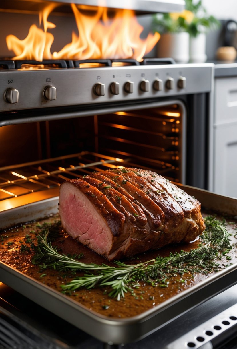 A sizzling roast beef surrounded by herbs and spices on a baking tray in a hot oven