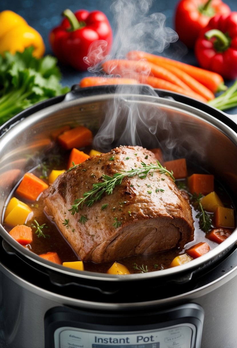 A steaming pot roast surrounded by colorful vegetables in an Instant Pot