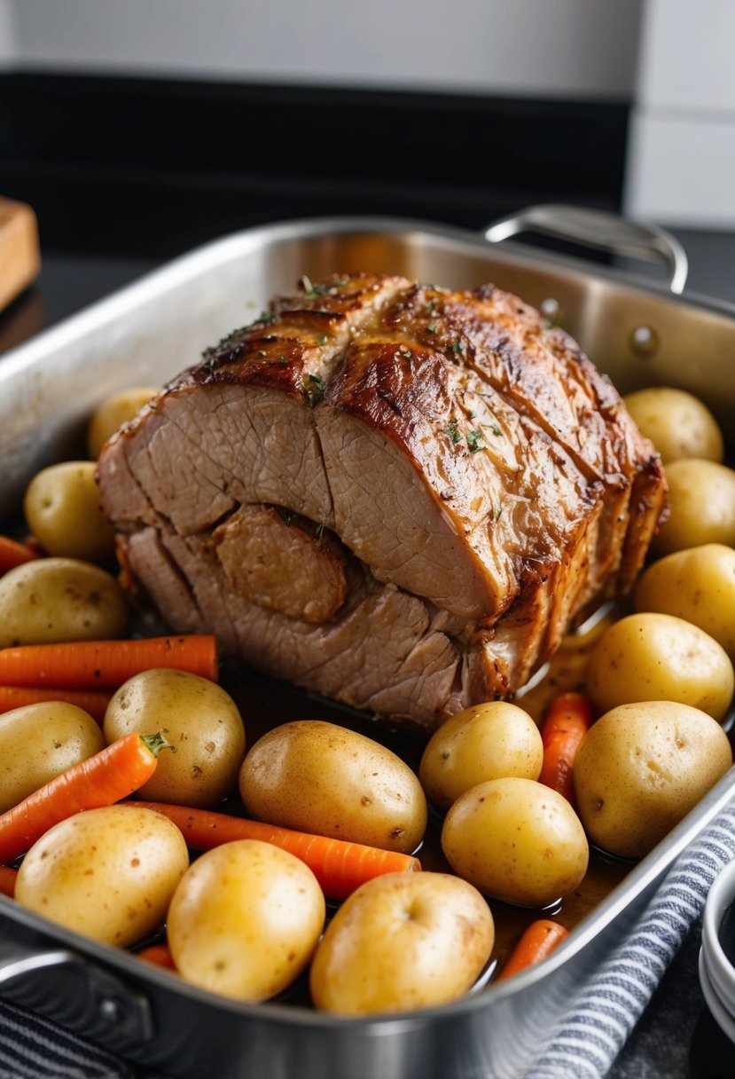 A chuck roast surrounded by potatoes and carrots in a roasting pan