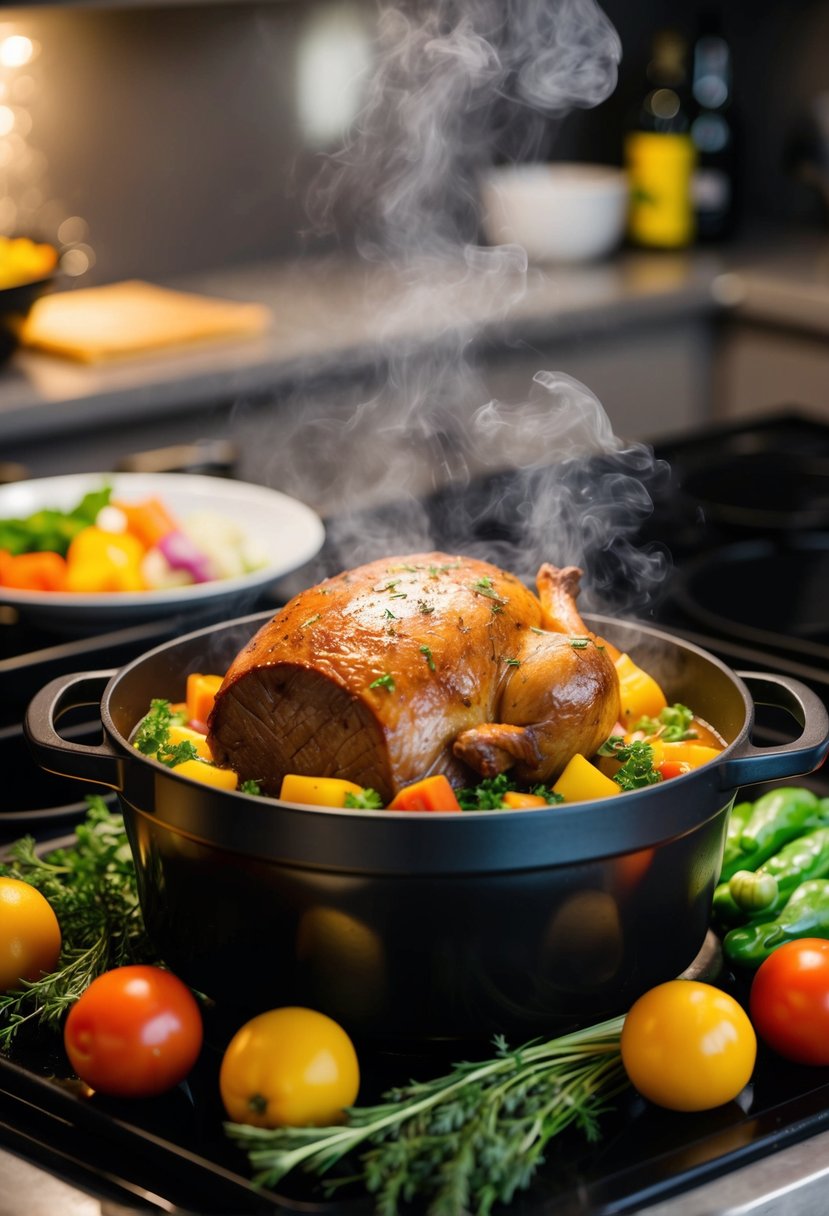 A steaming one-pot roast surrounded by colorful vegetables and herbs, sizzling in a cast iron pot on a stovetop