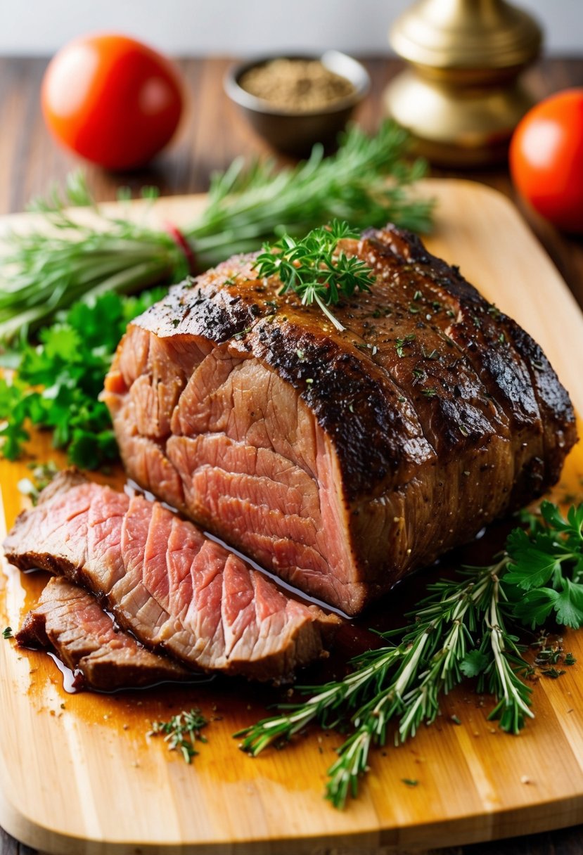 A sizzling roast beef surrounded by fresh herbs and spices on a cutting board