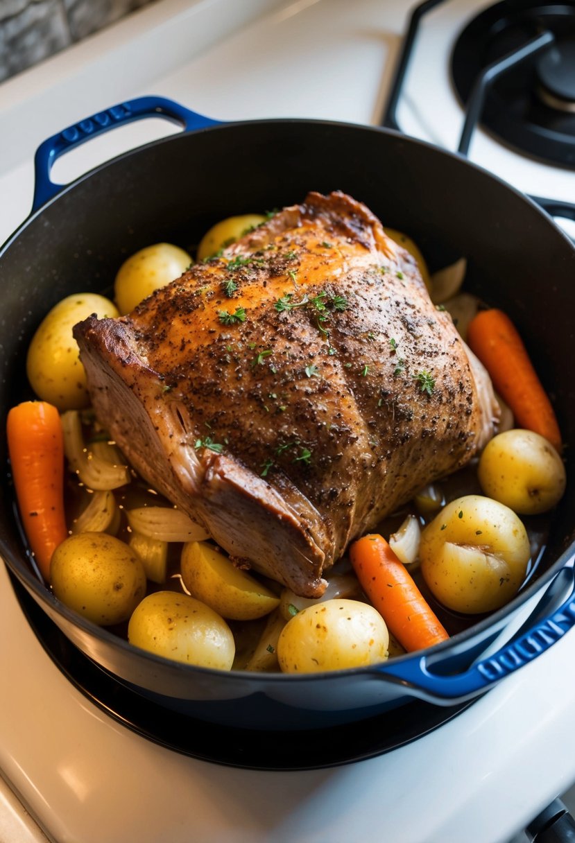 A Dutch oven sits on a stovetop, filled with a seasoned roast surrounded by potatoes, carrots, and onions, ready to be cooked