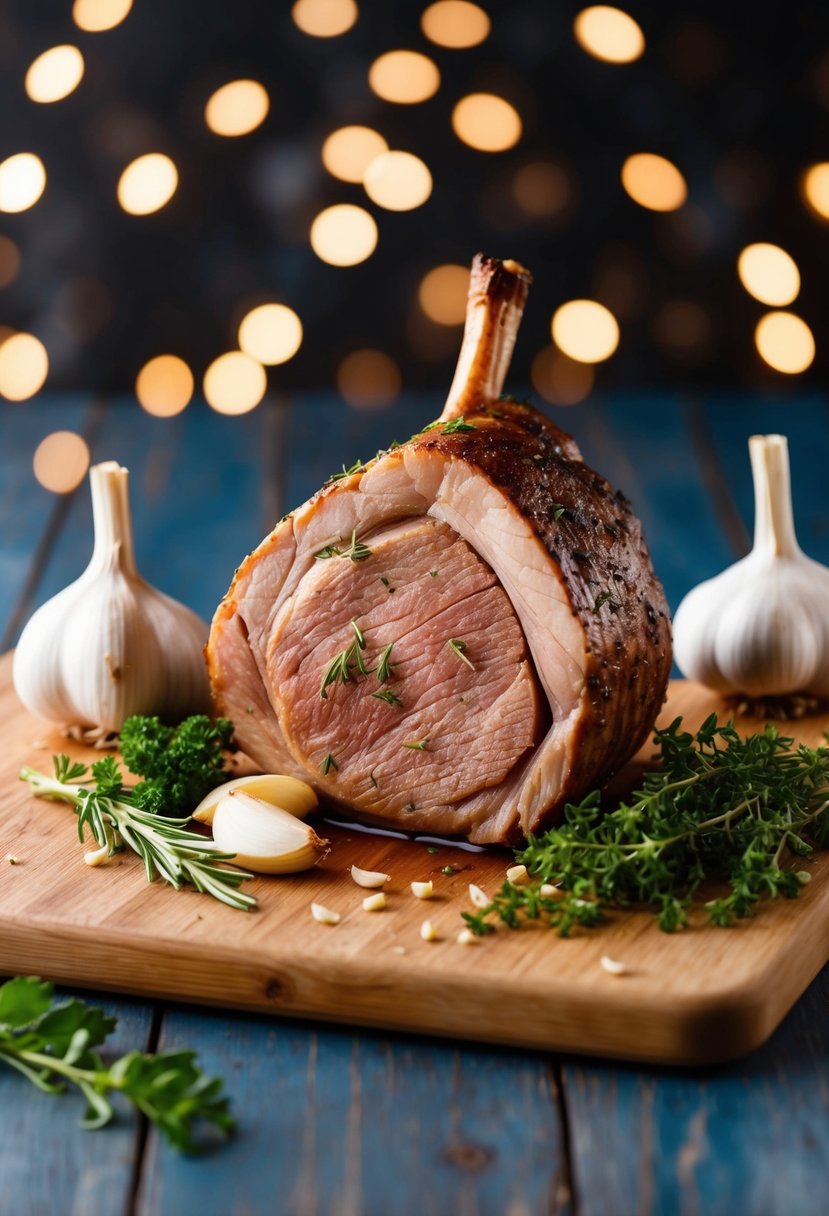 A chuck roast surrounded by garlic cloves and fresh herbs on a cutting board