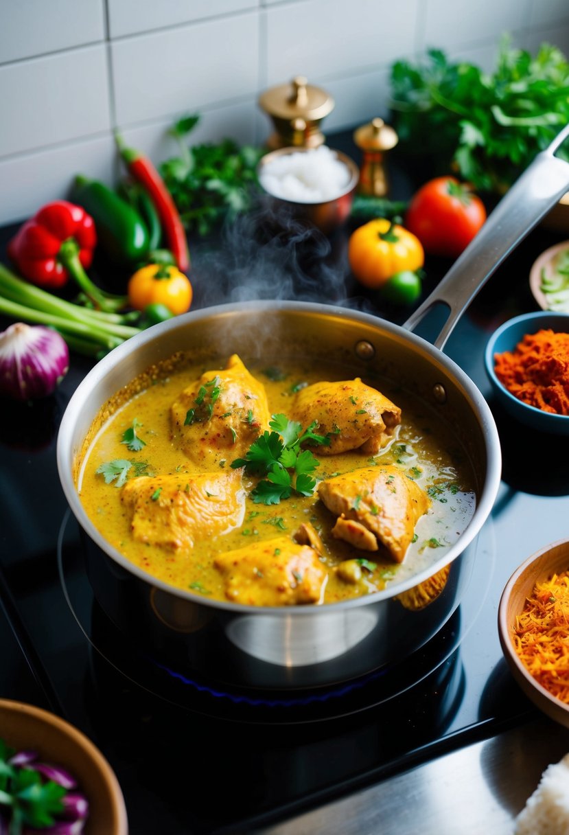 A steaming pot of Indian coconut curry chicken simmers on a stovetop, surrounded by vibrant spices, fresh vegetables, and aromatic herbs