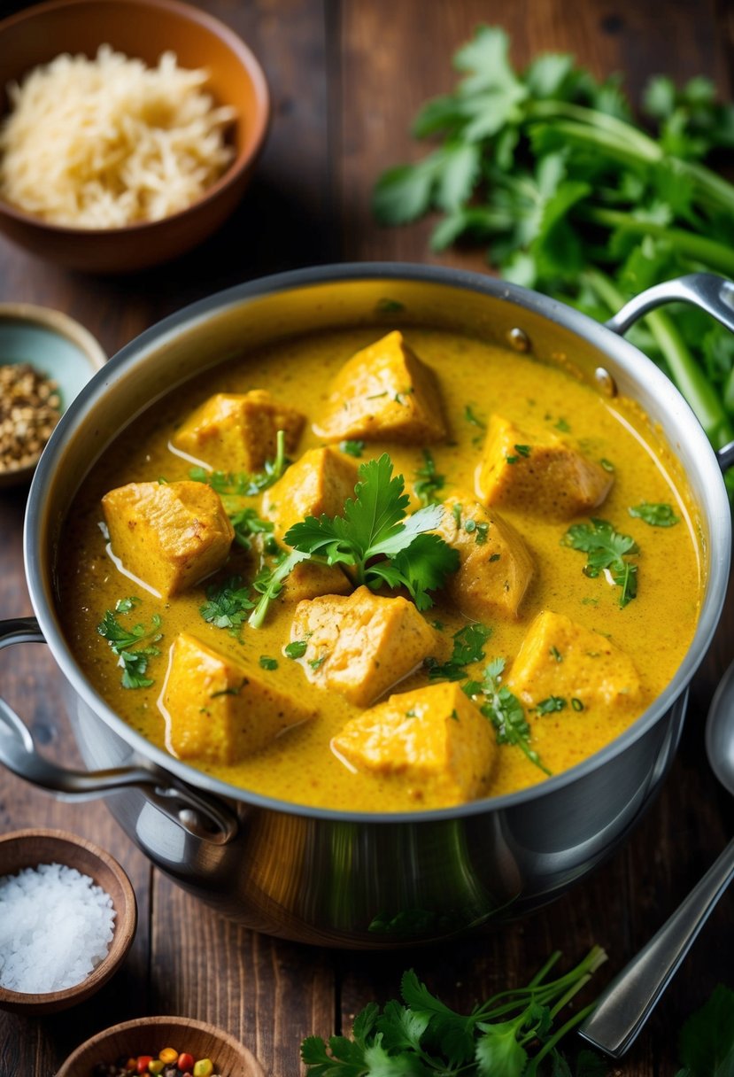 A bubbling pot of fragrant coconut curry with tender chunks of chicken, simmering alongside vibrant spices and fresh herbs