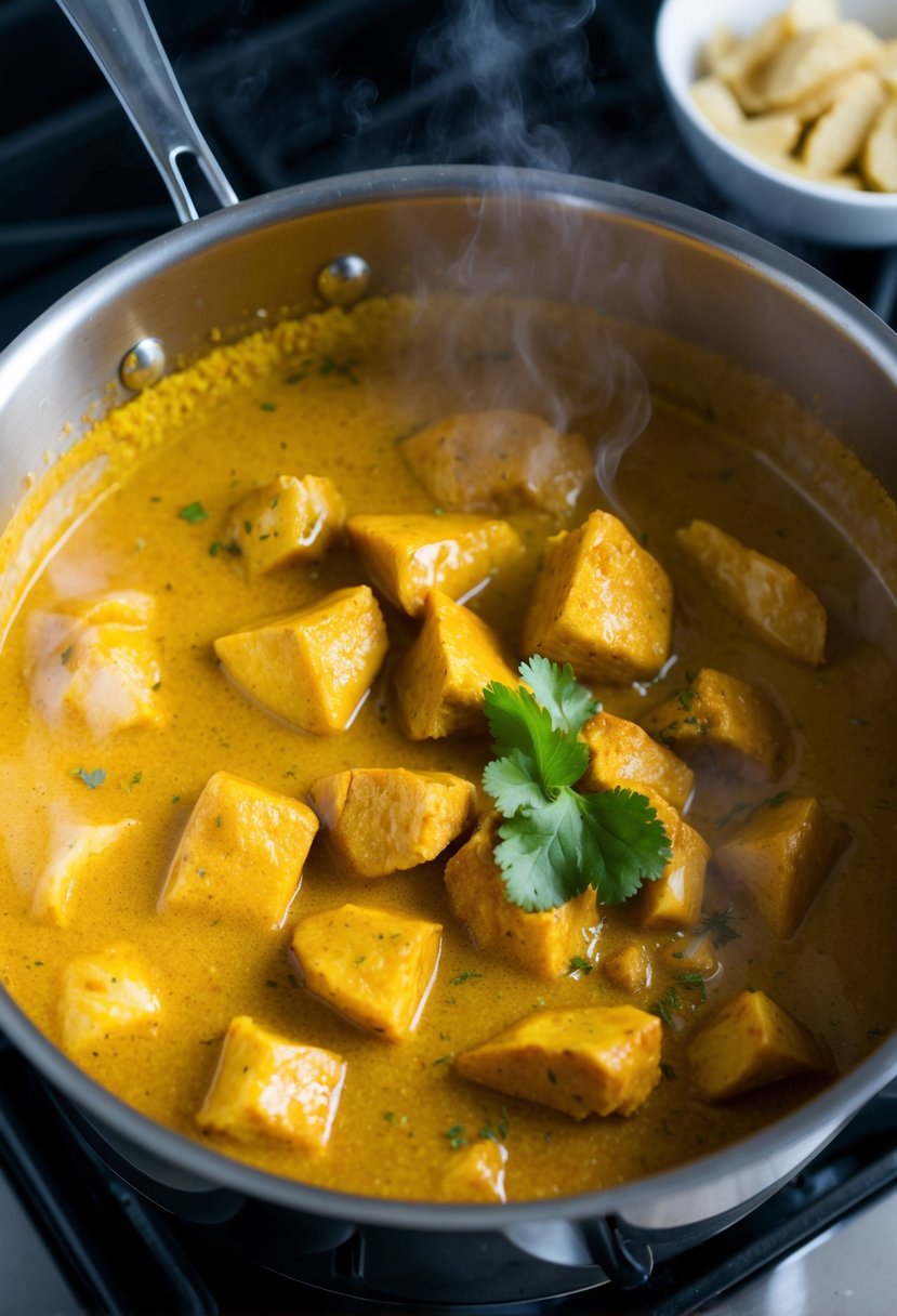 A steaming pot of spicy coconut curry simmering on a stove, filled with chunks of tender chicken and aromatic ginger and garlic