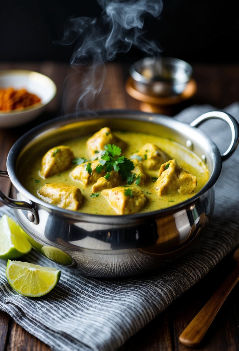 A steaming pot of creamy chicken curry simmers with Indian spices and coconut milk