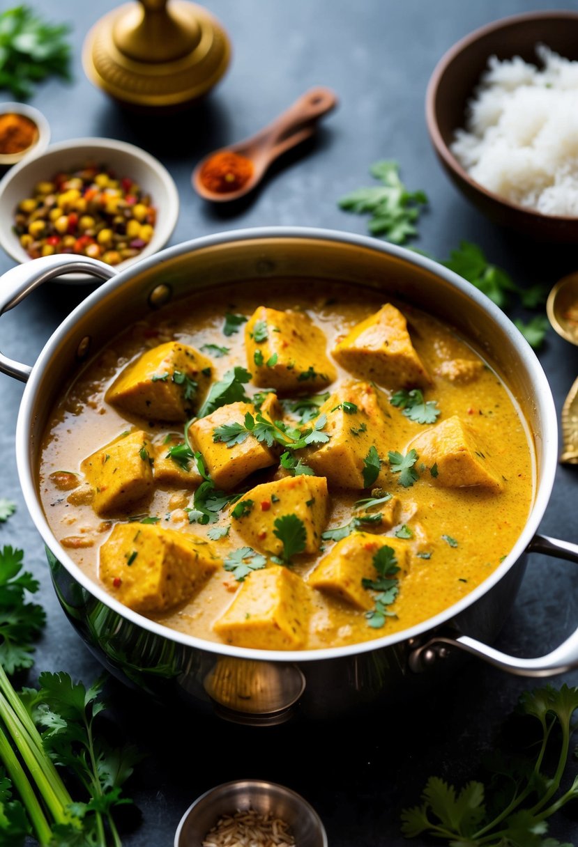 A simmering pot of South Indian coconut curry with tender chunks of chicken, surrounded by vibrant spices and fresh herbs