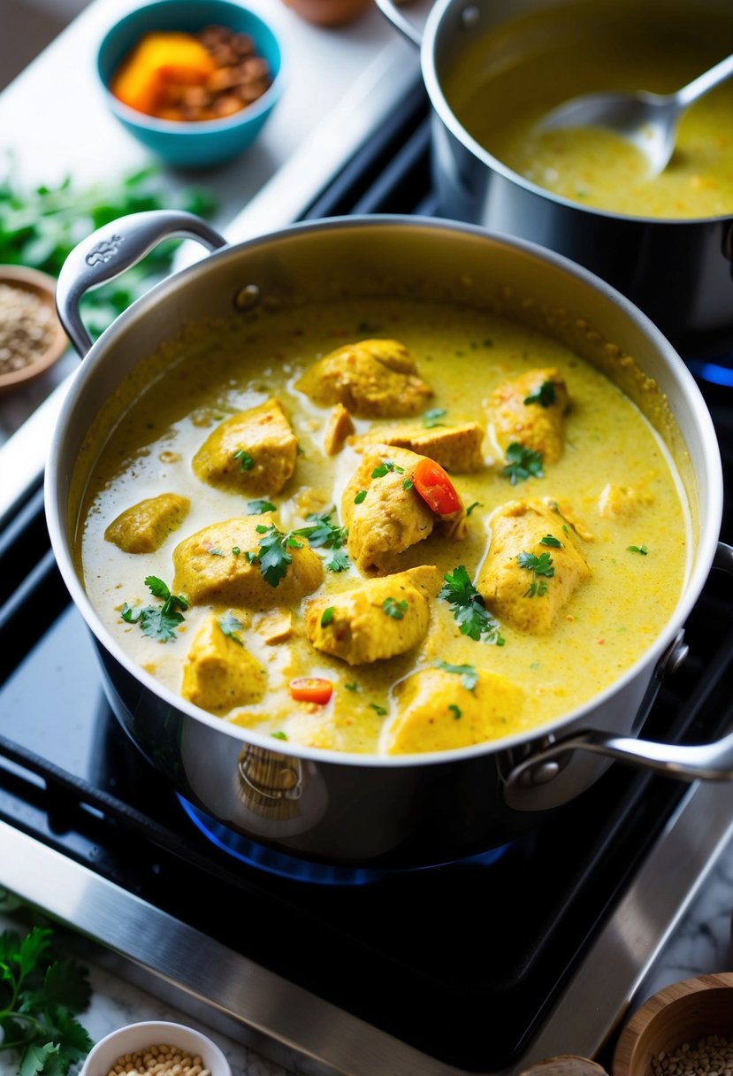 A bubbling pot of coconut milk chicken curry simmering on a stovetop, surrounded by vibrant spices and ingredients