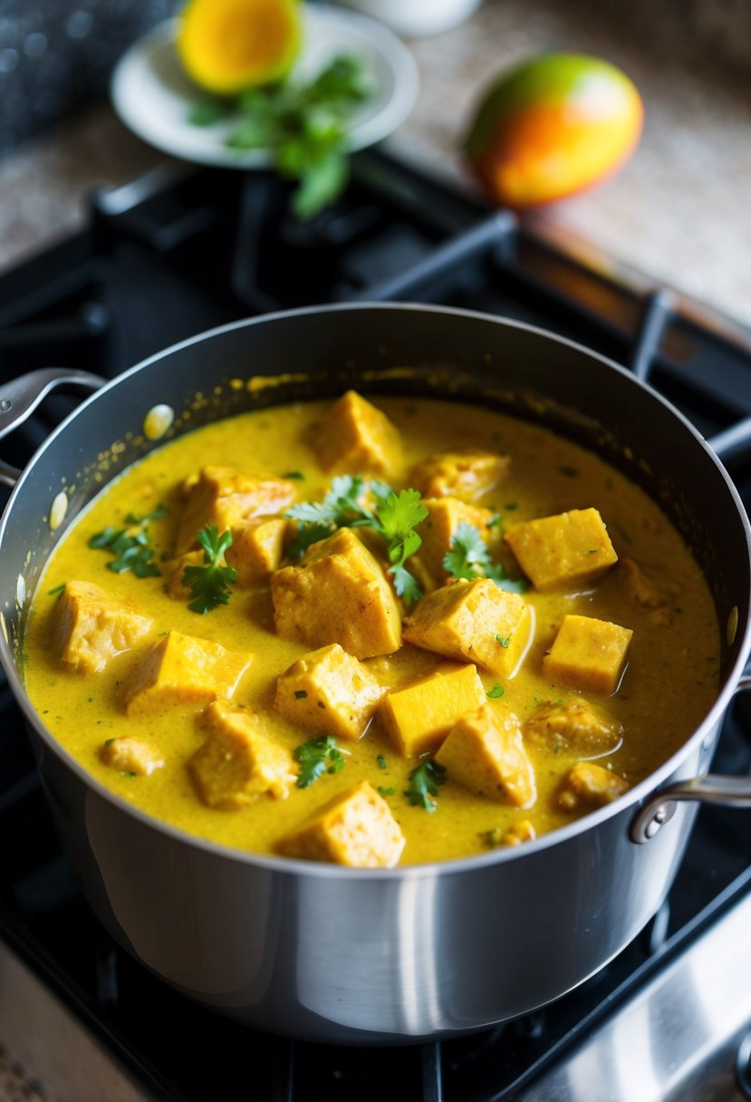 A bubbling pot of mango coconut curry simmers on a stovetop, filled with tender chunks of chicken and vibrant Indian spices