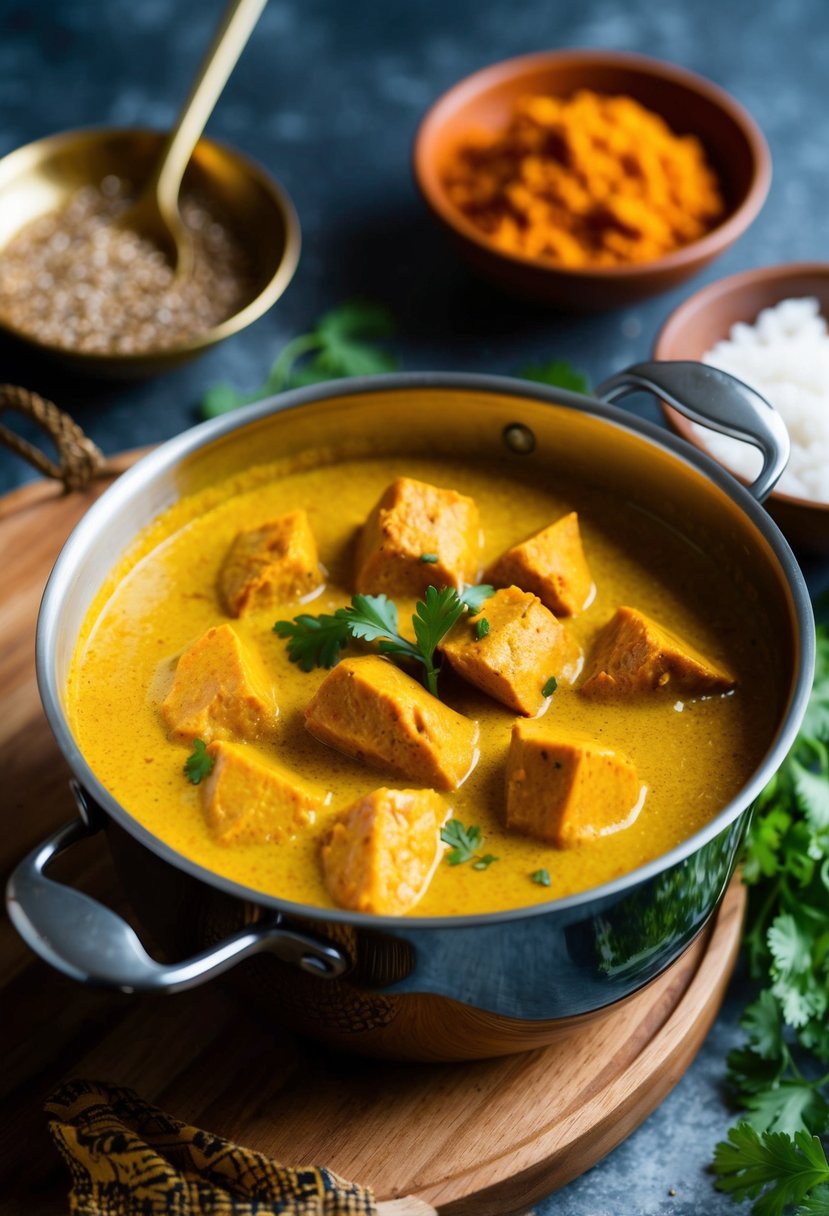 A bubbling pot of turmeric-infused coconut curry with chunks of spicy chicken and aromatic Indian spices