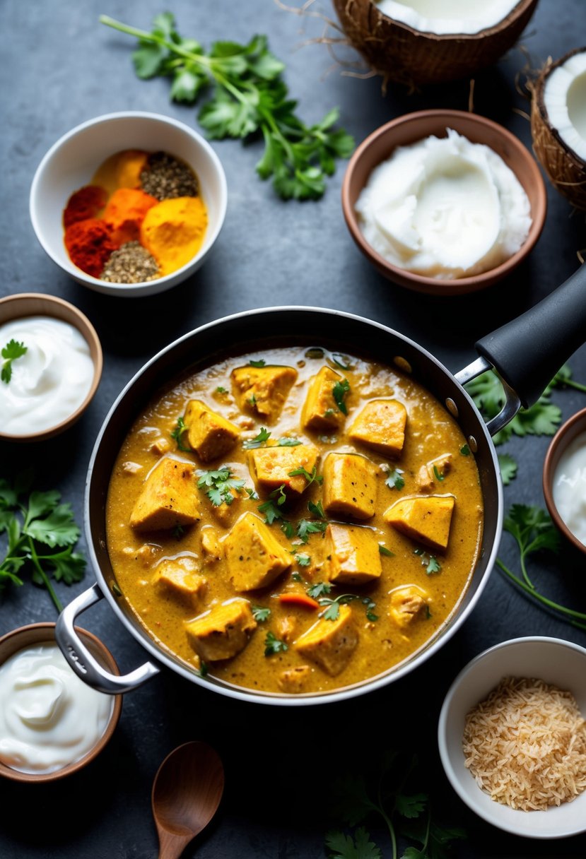 A simmering pot of coconut curry with chunks of tender chicken and vibrant spices, surrounded by bowls of fresh yogurt and fragrant coconut