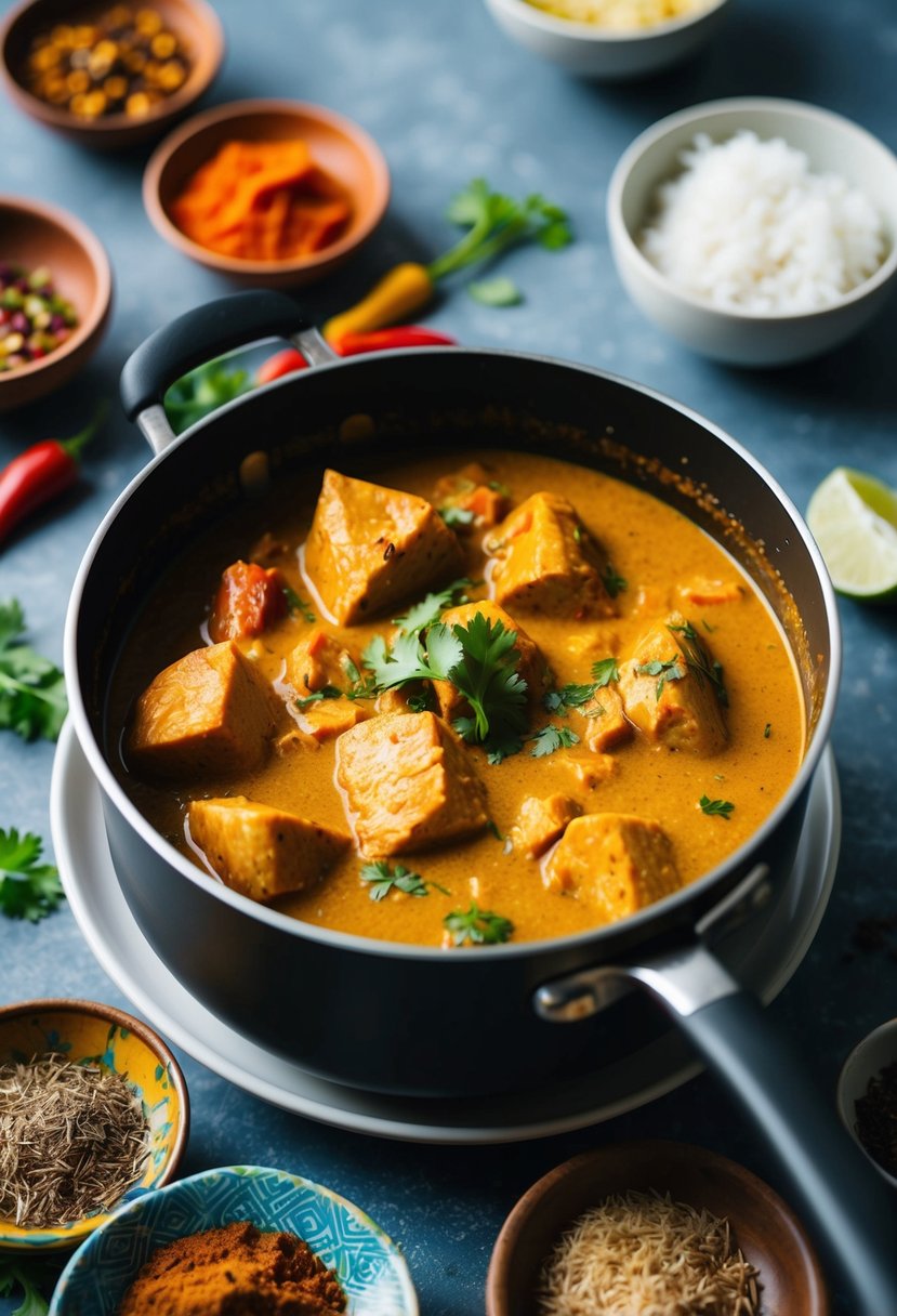 A pot of simmering coconut curry with chunks of tomato-infused chicken, surrounded by colorful Indian spices and herbs