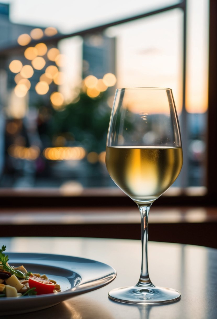 A glass of white wine next to a plate of food recipes