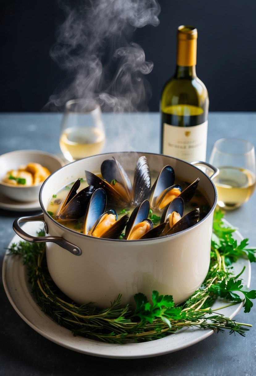 A pot of mussels steaming in a fragrant Sauvignon Blanc broth, surrounded by fresh herbs and a bottle of white wine