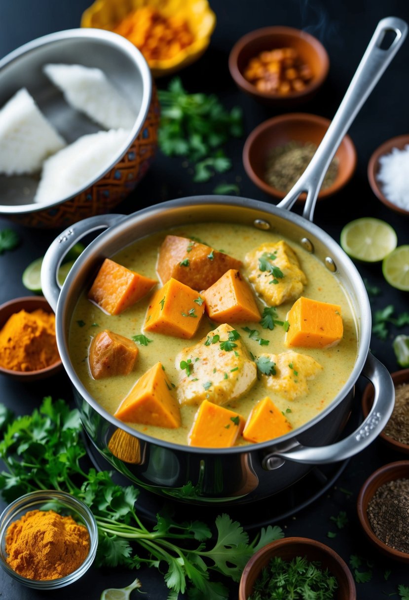 A steaming pot of coconut curry filled with chunks of sweet potatoes and tender pieces of chicken, surrounded by vibrant Indian spices and herbs