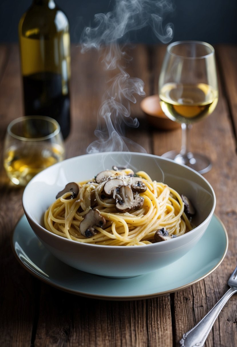 A steaming bowl of white wine and mushroom pasta on a rustic wooden table