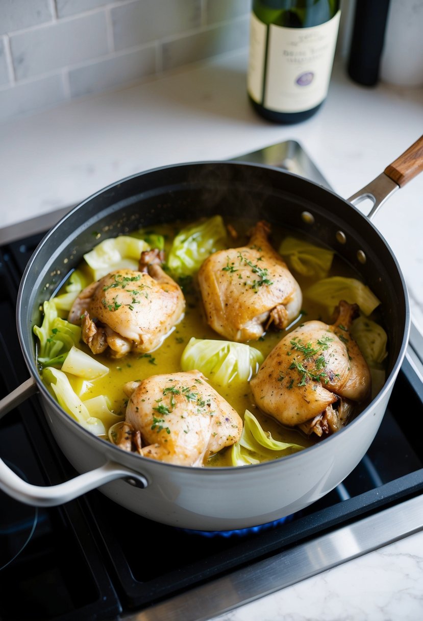 A pot of braised chicken and cabbage simmering in white wine on a stovetop