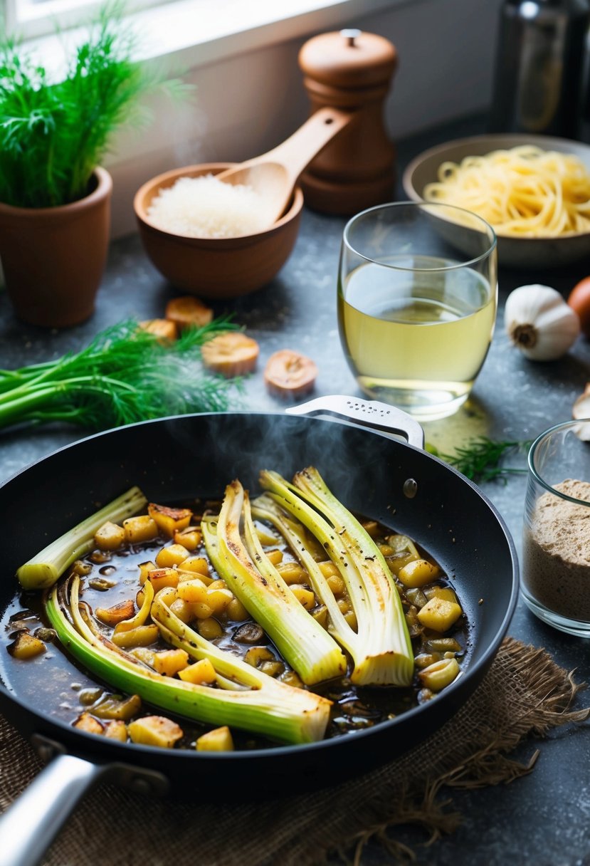 Caramelized fennel sizzling in a pan, white wine simmering, pasta boiling, recipe ingredients scattered on a rustic kitchen counter