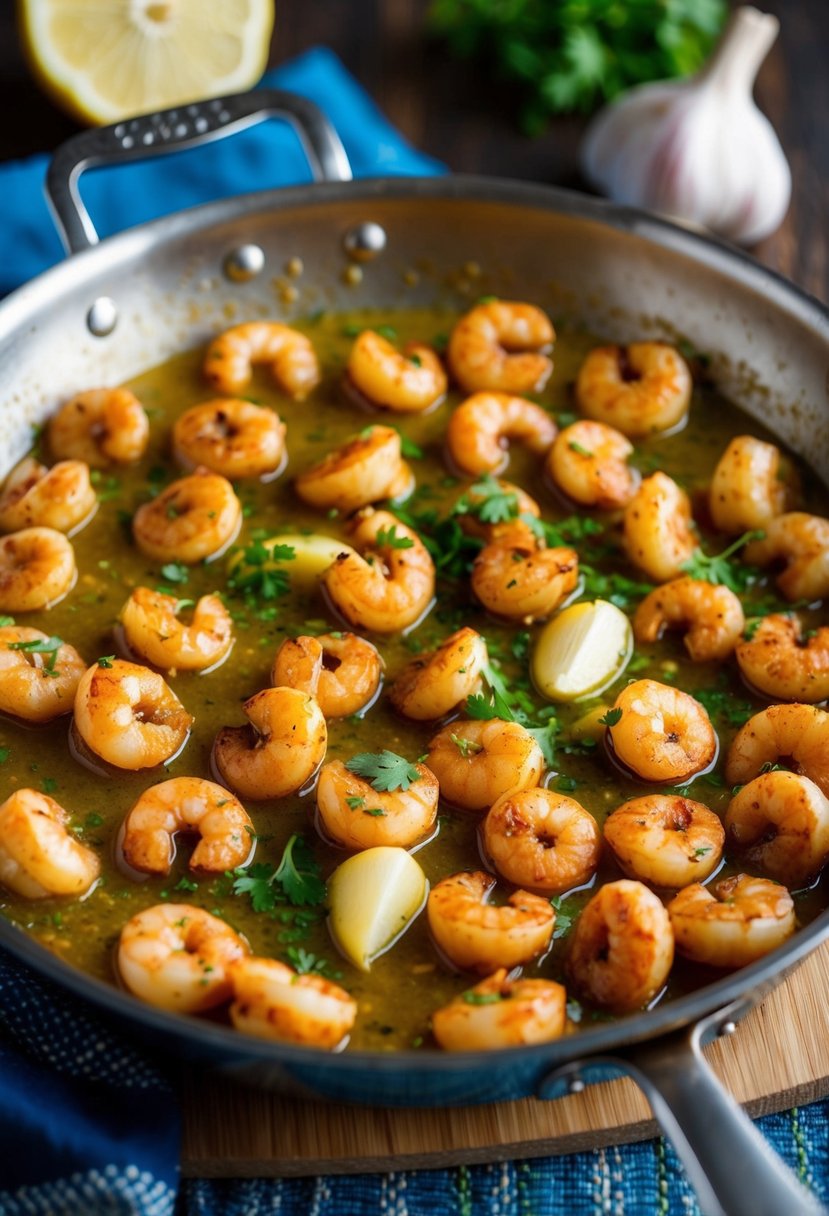 A sizzling skillet of Gambas al Ajillo surrounded by garlic, sizzling in a fragrant white wine sauce