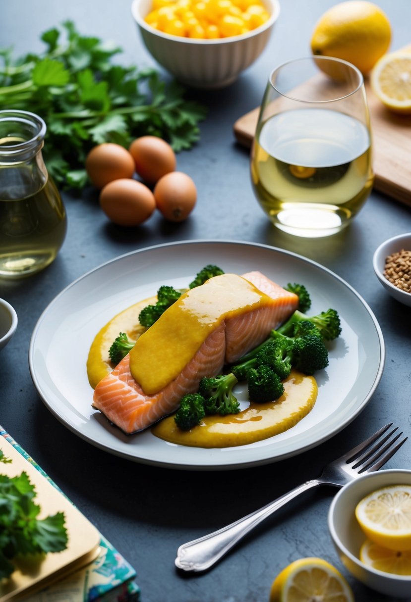 A plate of honey mustard salmon with a side of white wine, surrounded by various food ingredients and recipe books