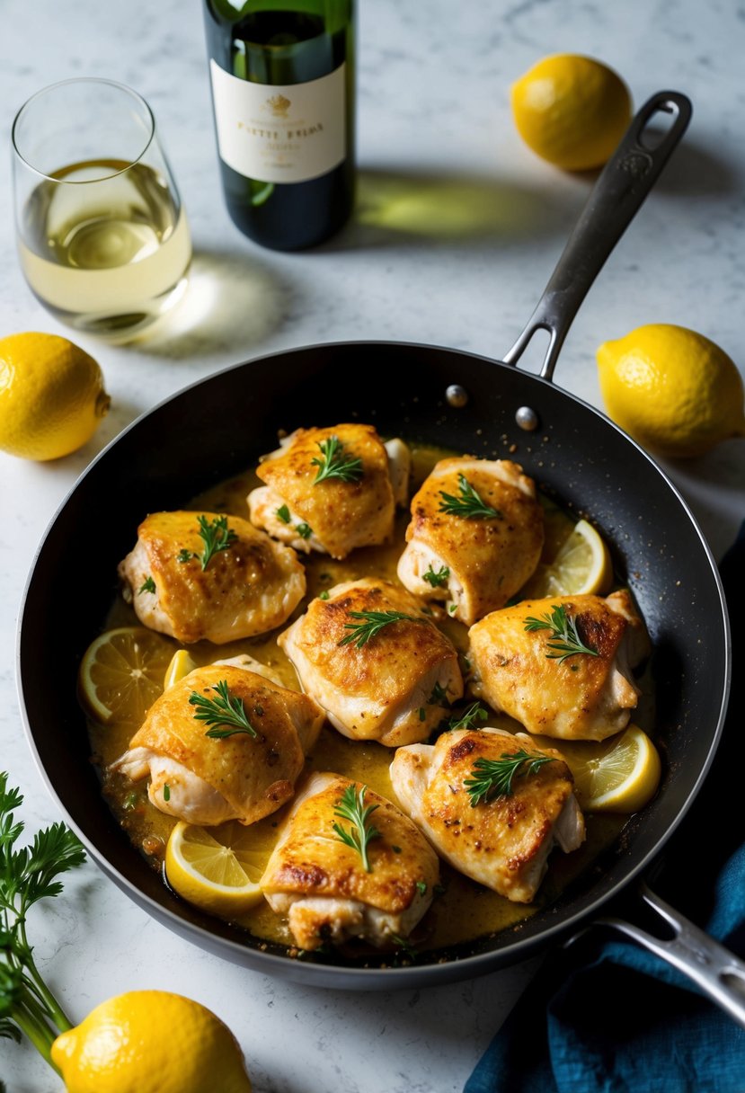 A sizzling chicken piccata dish in a pan, surrounded by lemons and a bottle of white wine