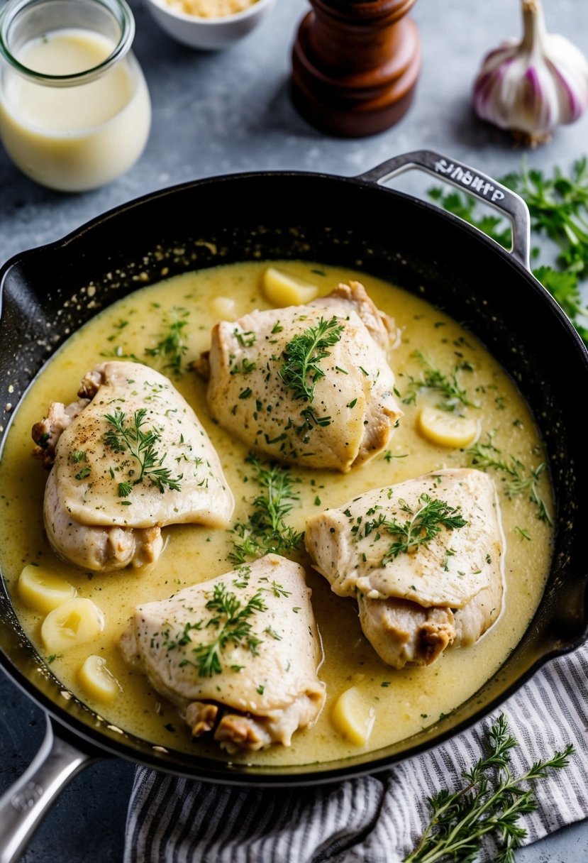 A skillet of creamy white wine chicken simmering with herbs and garlic