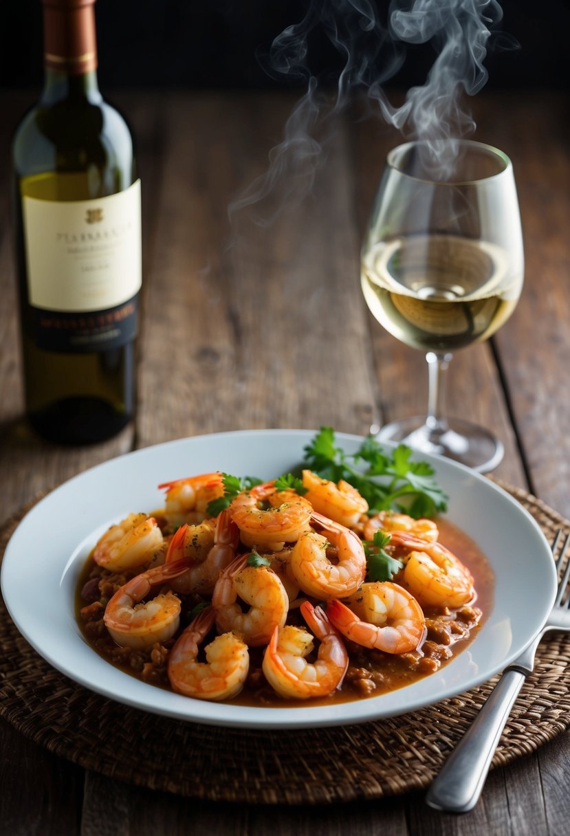 A steaming plate of Shrimp Puttanesca with a side of white wine on a rustic wooden table