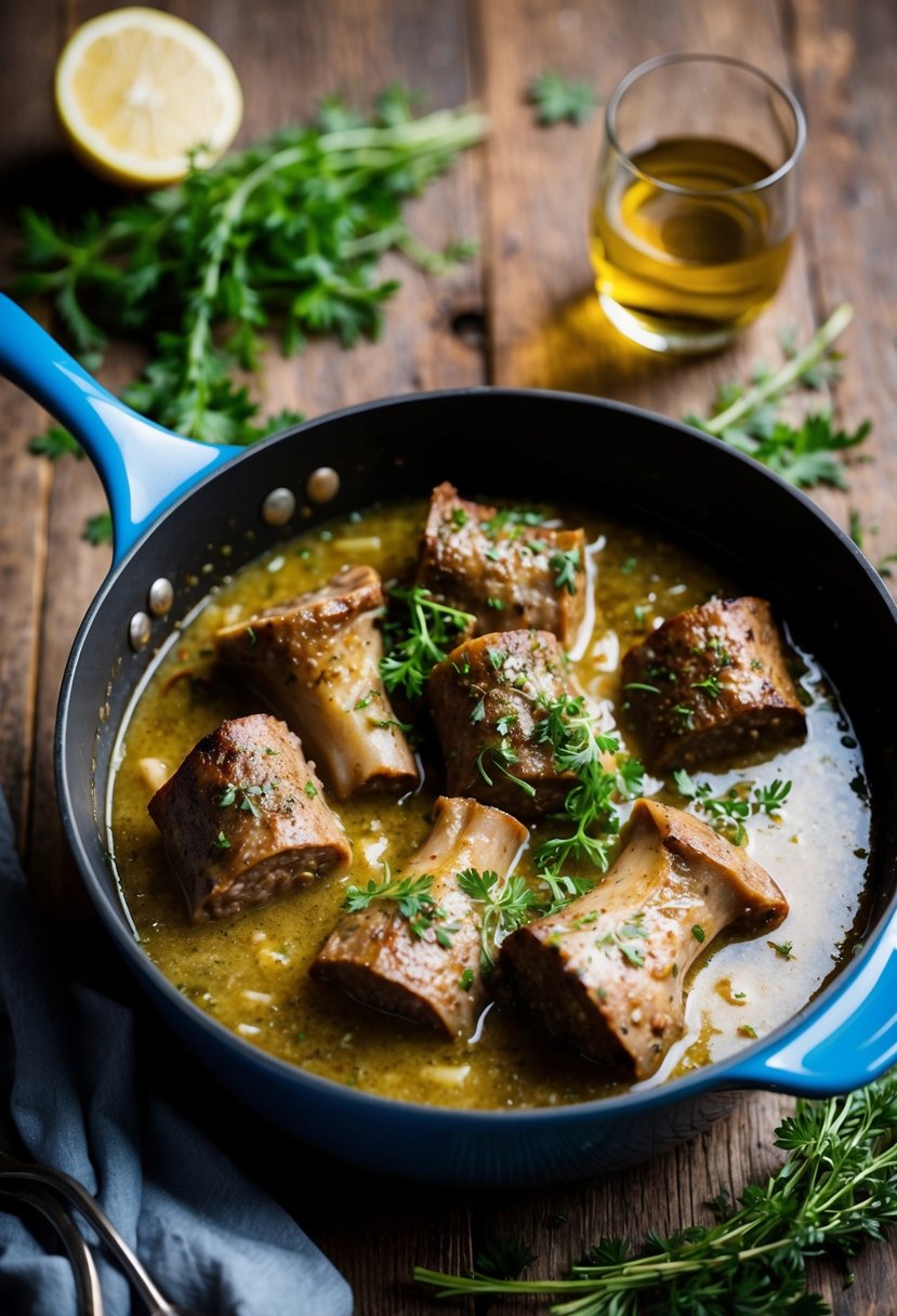 A simmering pot of Osso Buco in a rich white wine sauce, garnished with fresh herbs and served on a rustic wooden table