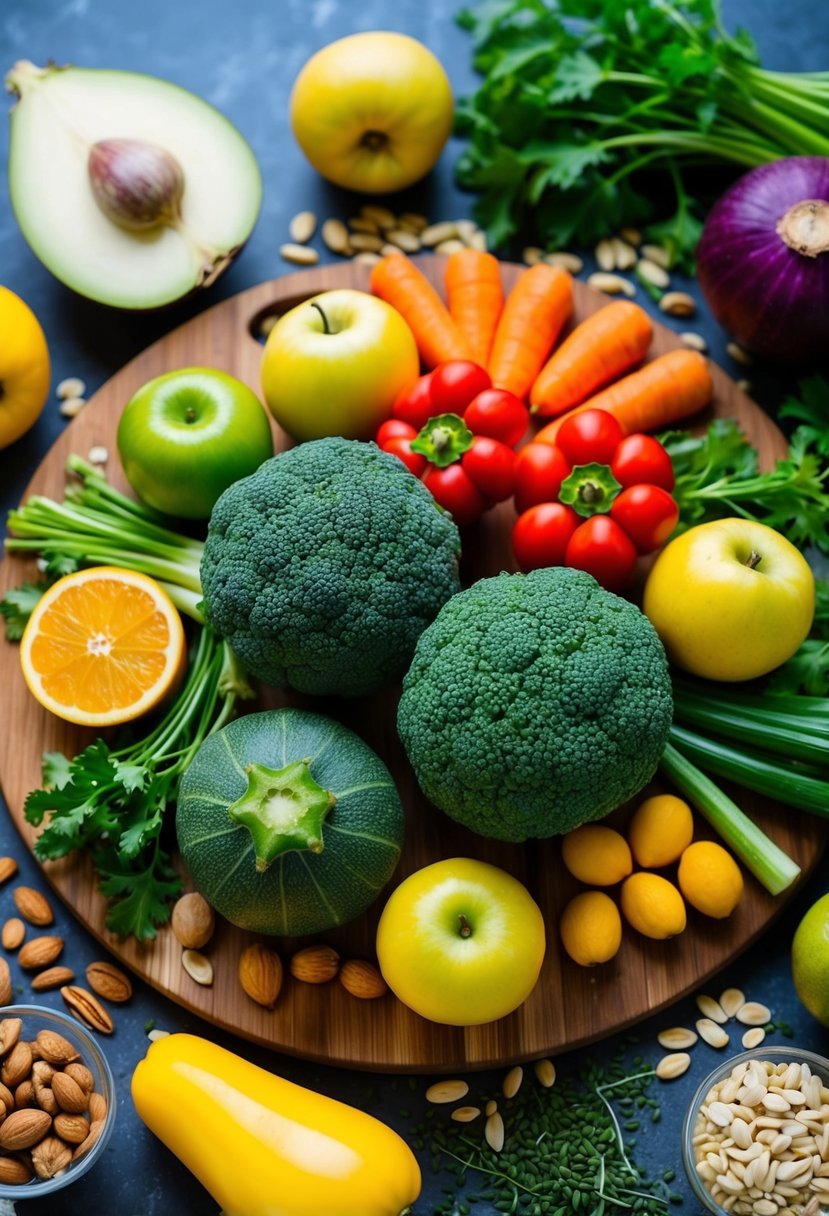 Fresh vegetables and fruits arranged on a wooden cutting board, surrounded by nuts and seeds. A variety of colorful ingredients for vegetarian paleo recipes