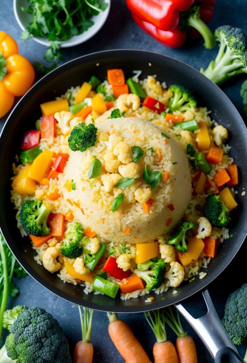 A sizzling pan of colorful vegetables and cauliflower rice stir-fry, surrounded by fresh ingredients like bell peppers, carrots, and broccoli