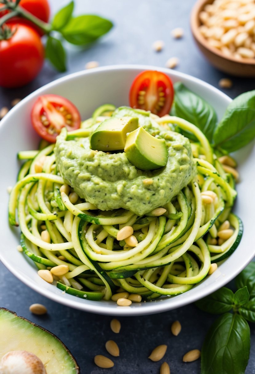 A bowl of zucchini noodles topped with creamy avocado pesto, surrounded by fresh ingredients like tomatoes, basil, and pine nuts