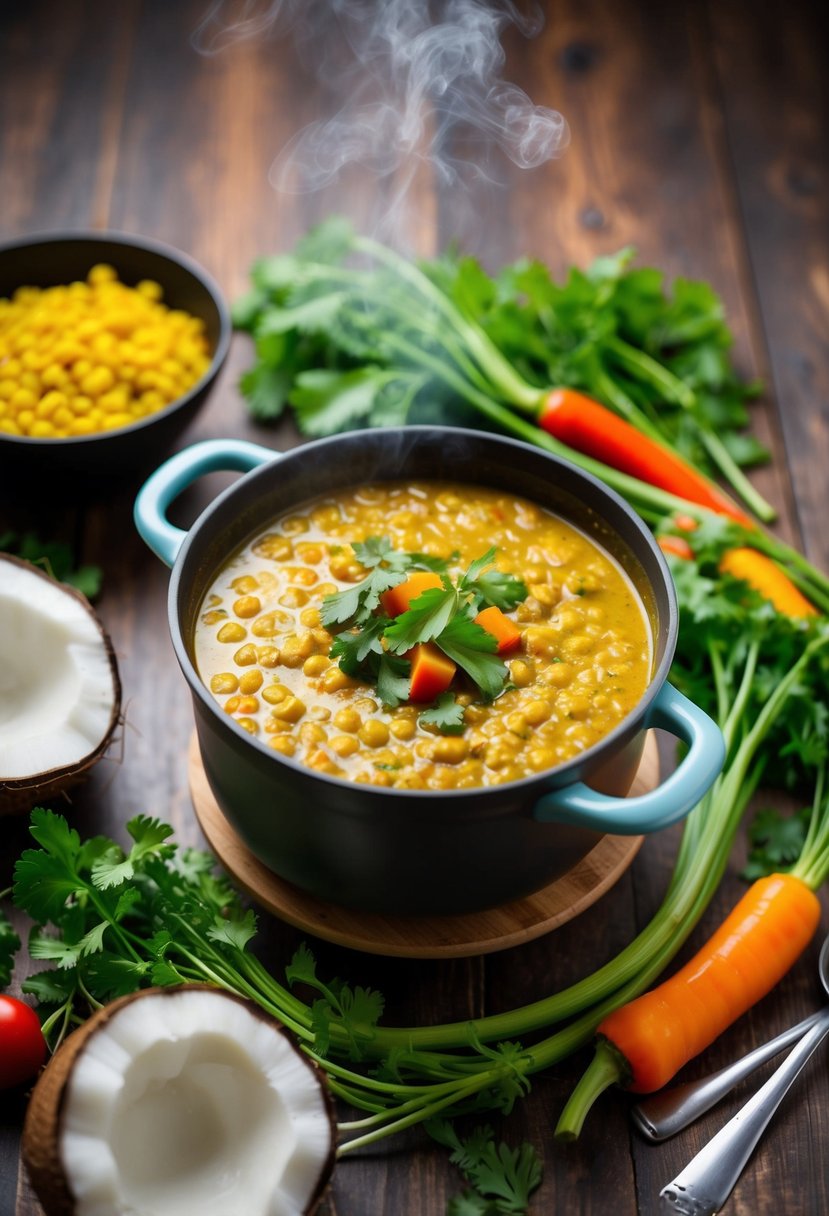 A steaming pot of coconut curry lentil soup surrounded by fresh vegetables and herbs on a wooden table