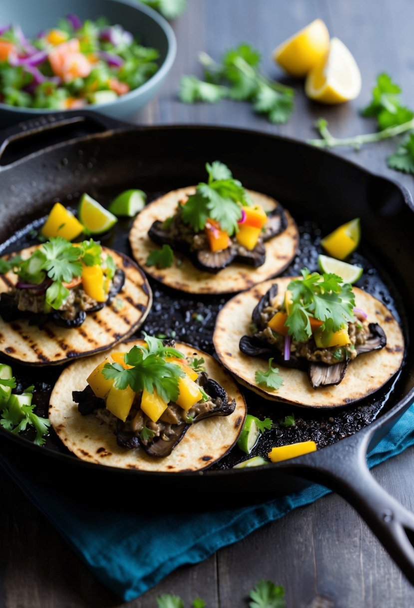 A sizzling skillet of grilled portobello mushroom tacos with fresh vegetables and paleo-friendly toppings