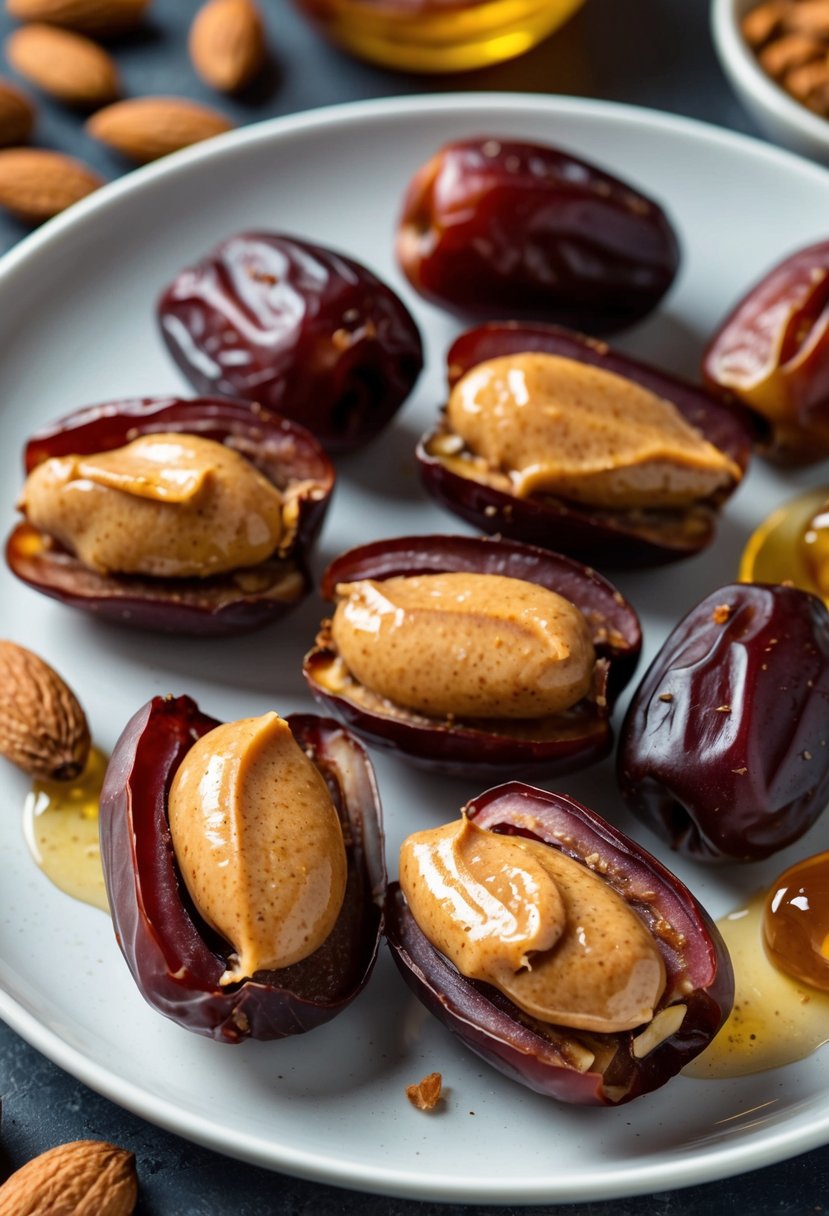 A plate of dates split open and filled with almond butter, surrounded by ingredients like almonds and honey