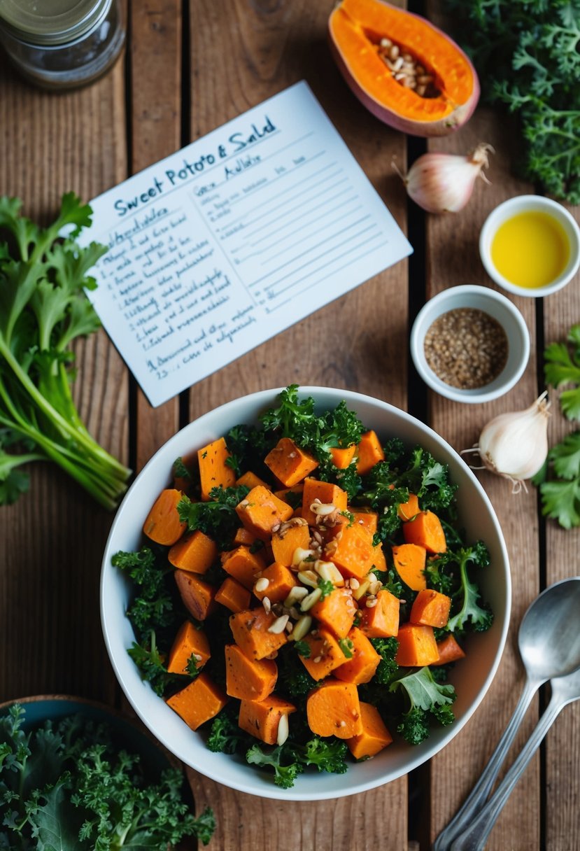 A rustic wooden table set with a colorful bowl of sweet potato and kale salad, surrounded by fresh ingredients and a handwritten recipe card