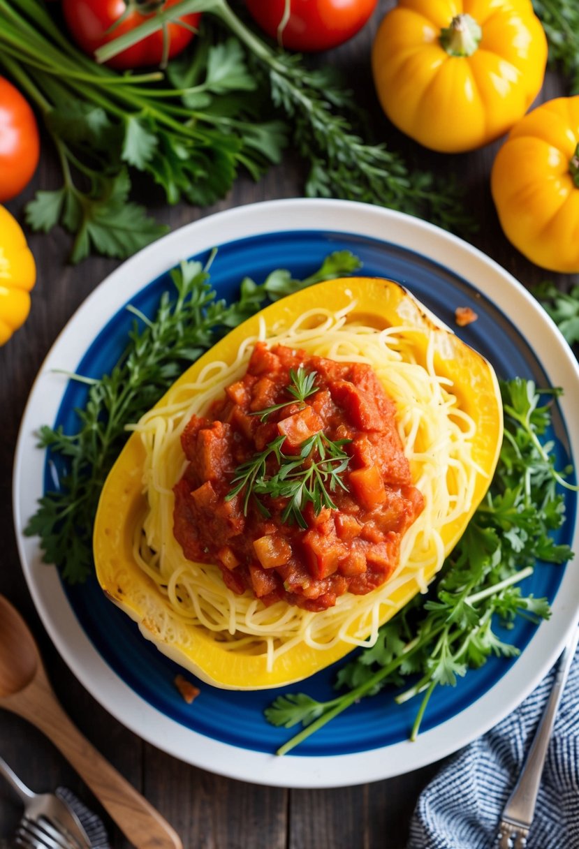 A colorful plate of spaghetti squash topped with rich tomato sauce, surrounded by fresh herbs and vibrant vegetables